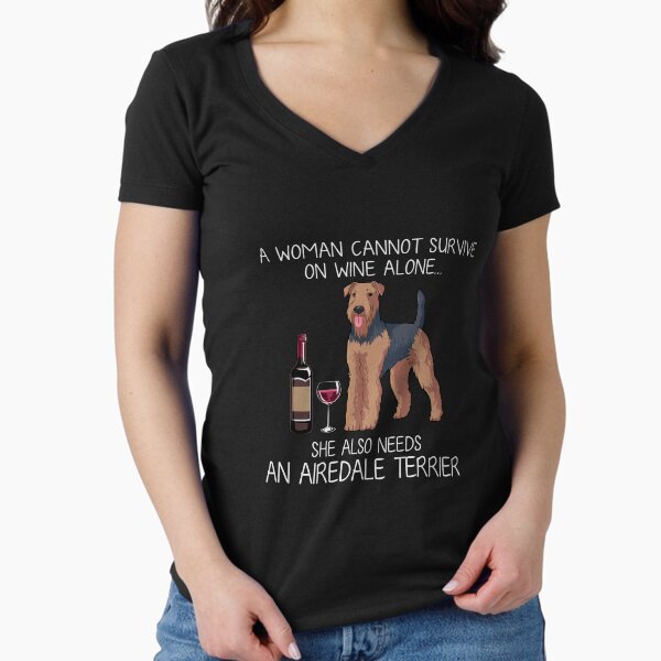 Airedale Terrier and wine Funny dog Fitted V-Neck T-Shirt for Sale by TeeDoozy