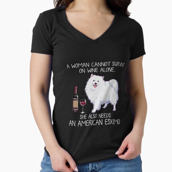 American Eskimo and wine Funny dog Fitted V-Neck T-Shirt for Sale by TeeDoozy