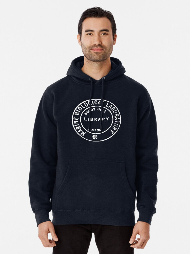 Antique Woods Hole Oceanographic Institution Marine Biology Library Book Stamp Pullover Hoodie | Cozy Graphic Hoodie | Unisex Pullover