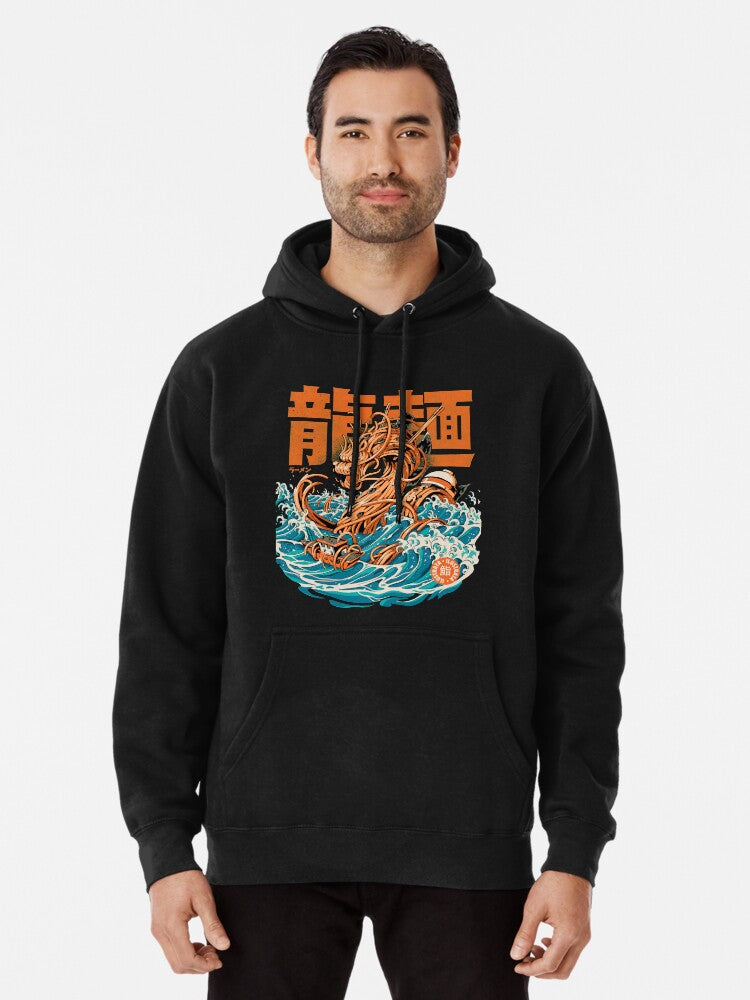 Black Great Ramen Dragon Off Kanagawa Pullover Hoodie | Cozy Graphic Hoodie | Unisex Pullover