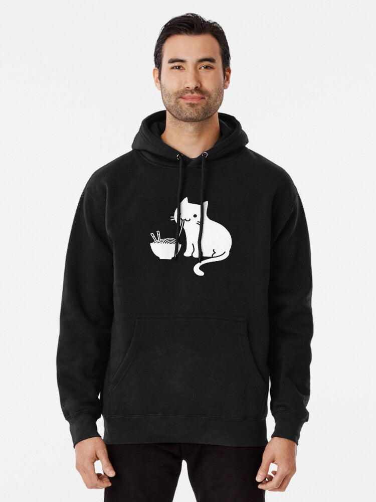 Cute Cat Eating Ramen Pullover Hoodie | Cozy Graphic Hoodie | Unisex Pullover