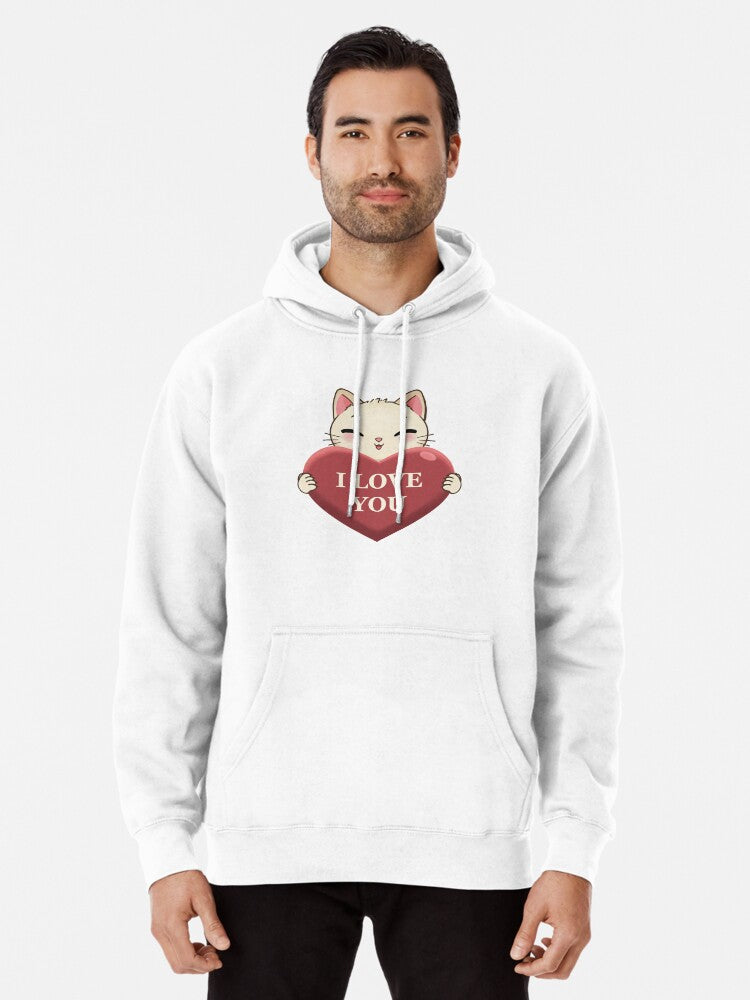 I Love You Cat - Pink Background Pullover Hoodie | Cozy Graphic Hoodie | Unisex Pullover