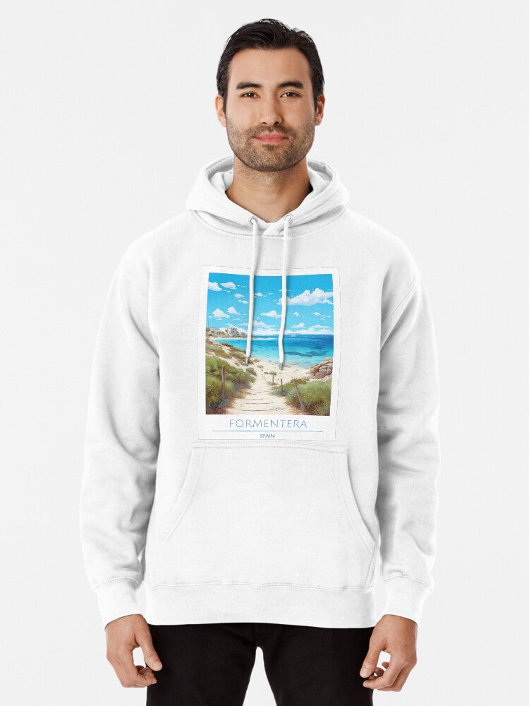 Formentera Spain Balearic Islands Coastal Poster Pullover Hoodie | Cozy Graphic Hoodie | Unisex Pullover
