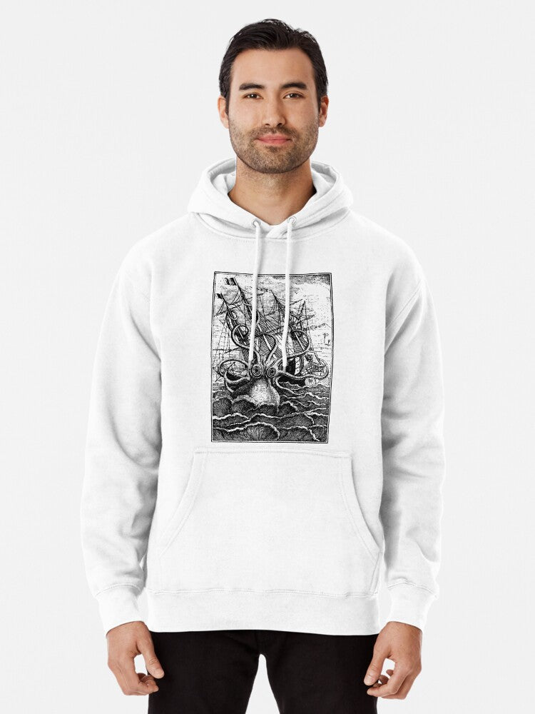 Vintage Kraken Attacking Ship Illustration Pullover Hoodie | Cozy Graphic Hoodie | Unisex Pullover