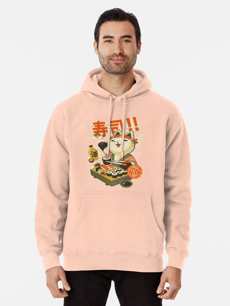 Sushi Chef Cat - Funny Restaurant Kitty - Japanese Food Pullover Hoodie | Cozy Graphic Hoodie | Unisex Pullover