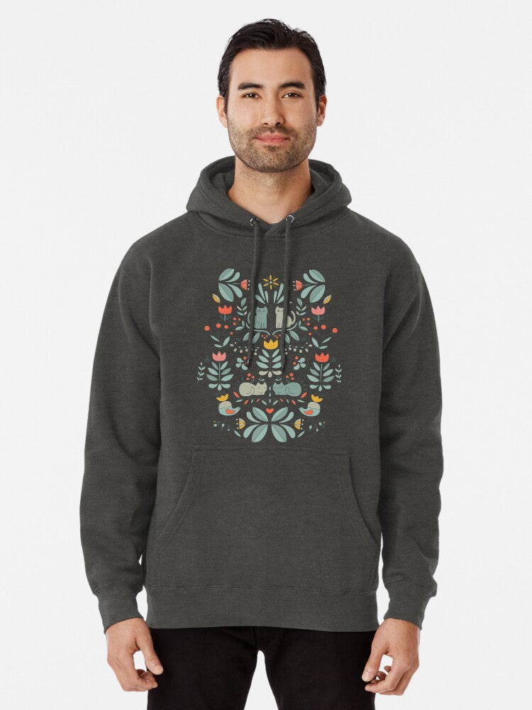 Swedish Folk Cats Pullover Hoodie | Cozy Graphic Hoodie | Unisex Pullover