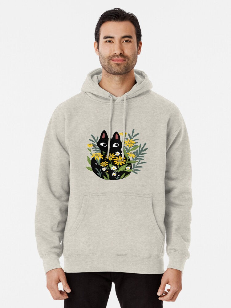 Black Cat With Flowers Pullover Hoodie | Cozy Graphic Hoodie | Unisex Pullover