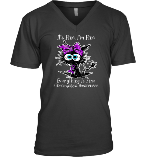 Black Cat Its Fine I039M Fine Fibromyalgia Awareness V Neck T Shirt