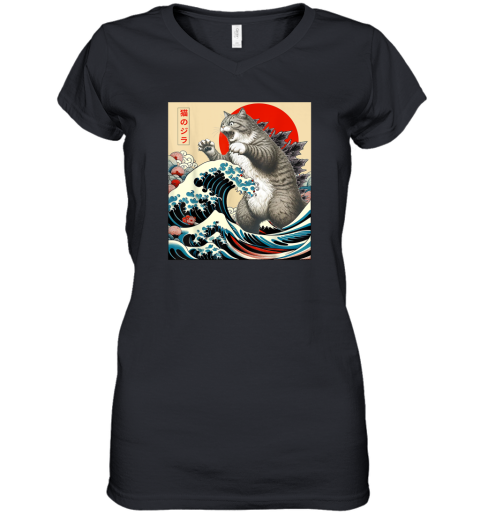 Catzilla Cat Japanese Art Funny Cat Gifts Women039S V Neck T Shirt