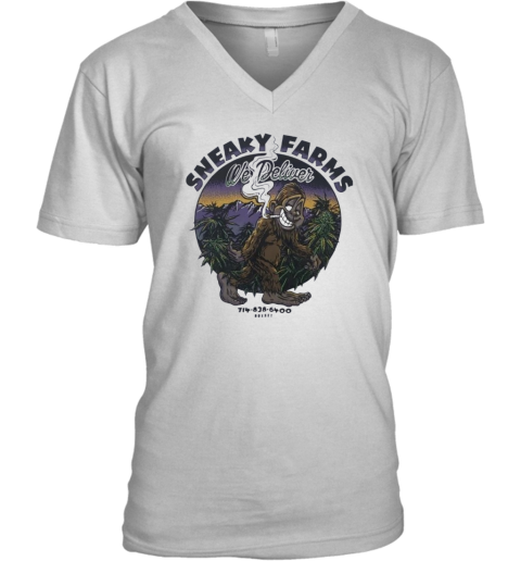 Bigfoot Smoking Sneaky Farms We Deliver V Neck T Shirt